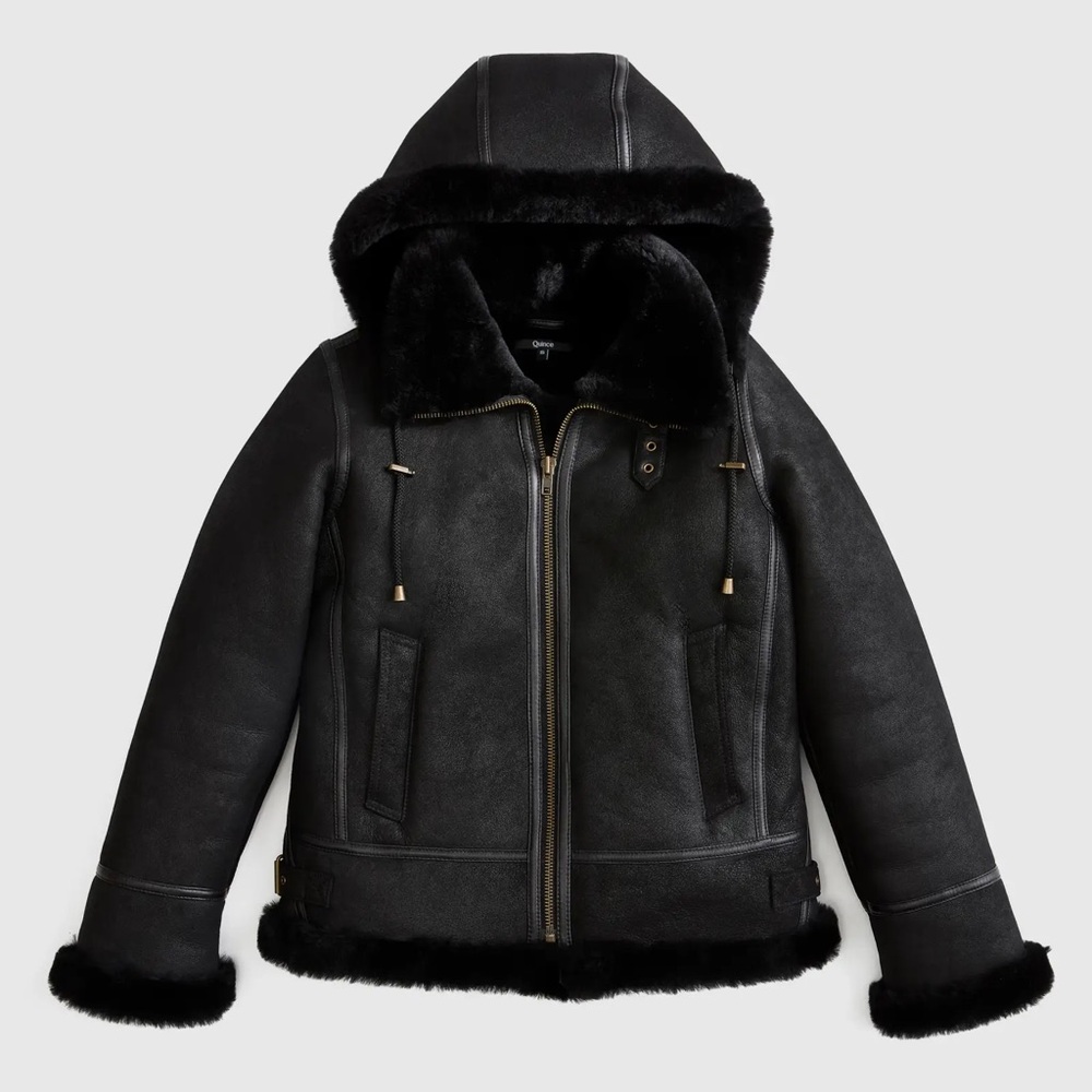 NWT Quince 100% Shearling Black Leather Bomber Jacket Sz M